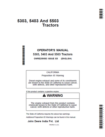 John Deere 5303, 5403 & 5503 Tractor Operator Manual OMRE259583