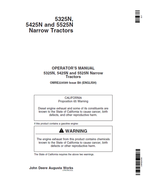 John Deere 5325N 5425N 5525N Narrow Tractor Operator Manual