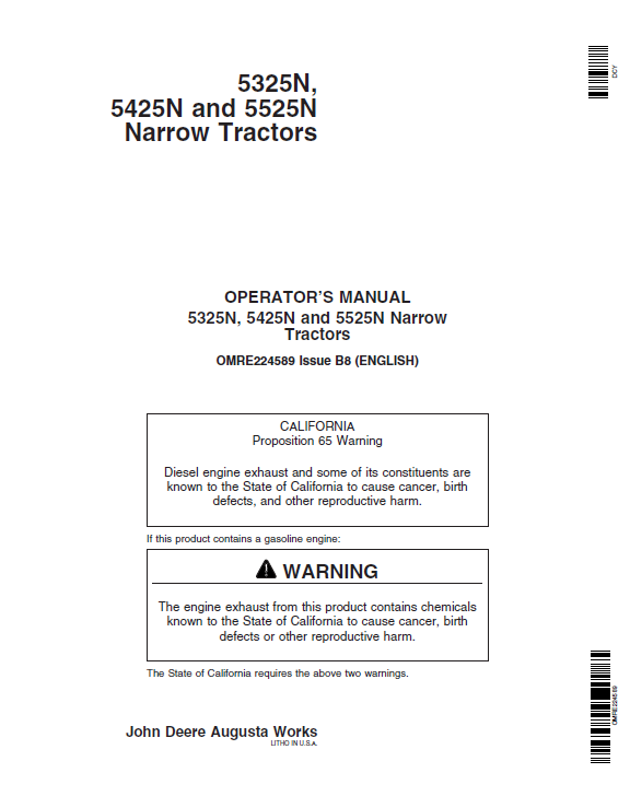 John Deere 5325N, 5425N and 5525N Narrow Tractors Operator Manual OMRE224589 PDF