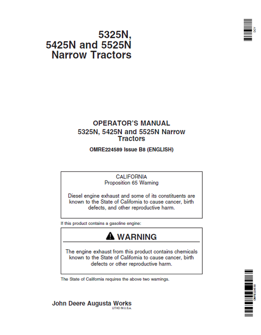 John Deere 5325N, 5425N and 5525N Narrow Tractors Operator Manual OMRE224589 PDF