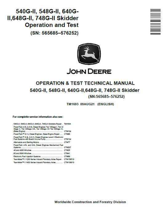 John Deere 540G-II, 548G-II, 640G-II,648G-II, 748G-II Skidder Operation and Test Technical Manual TM1693 PDF