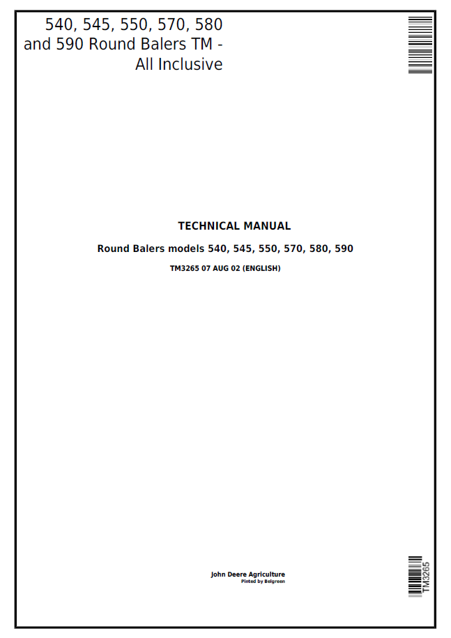 John Deere 540, 545, 550, 570, 580 and 590 Round Balers Technical Manual TM3265 PDF