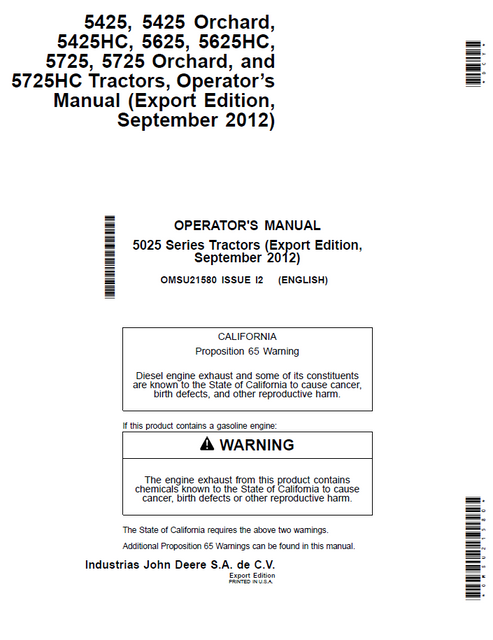 John Deere 5425 5625 5725 Tractor Operator Manual OMSU21580