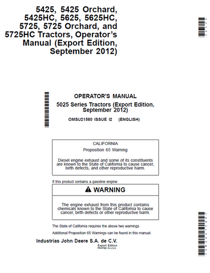John Deere 5425 5625 5725 Tractor Operator Manual OMSU21580