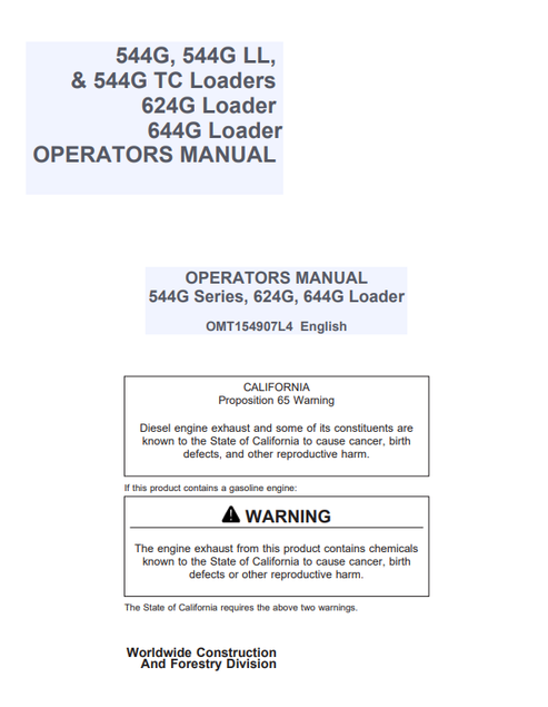 John Deere 544G 544G LL 544G TC 624G 644G Loader Operator Manual