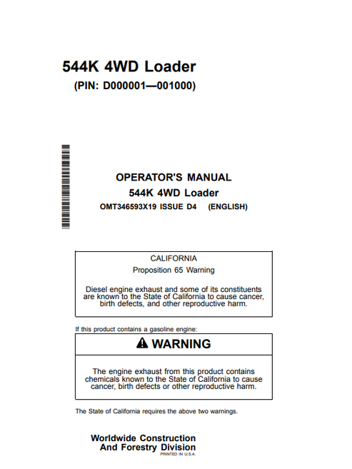 John Deere 544K 4WD Loader Operator Manual PDF