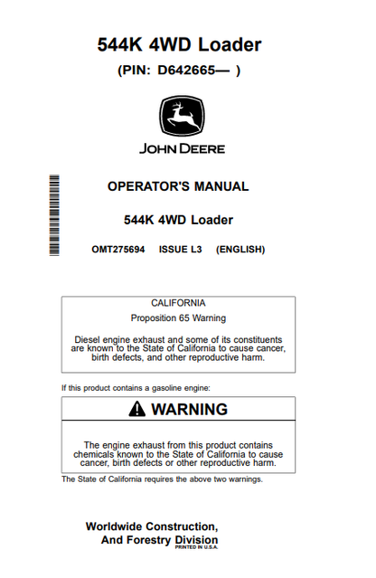 John Deere 544K 4WD Loader Operator Manual OMT275694 PDF