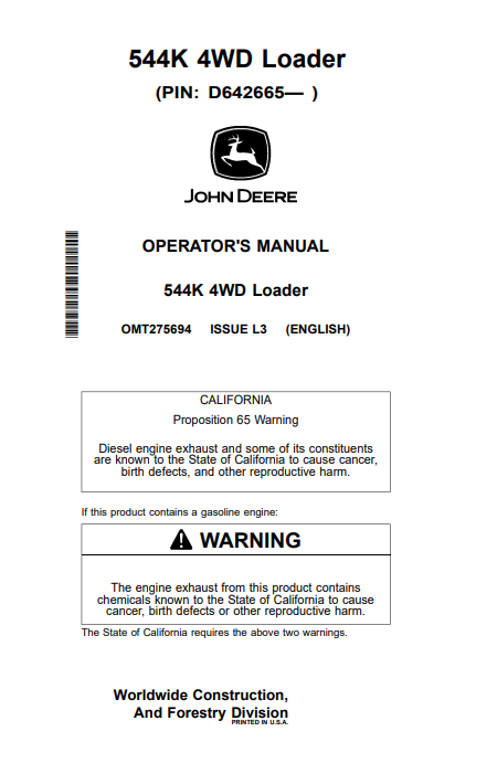 John Deere 544K 4WD Loader Operator Manual OMT275694 PDF