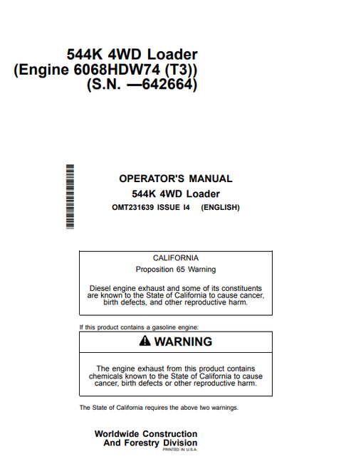 John Deere 544K 4WD Loader Operator Manual PDF
