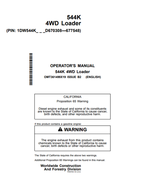 John Deere 544K 4WD Loader Operator Manual PDF OMT361499X19