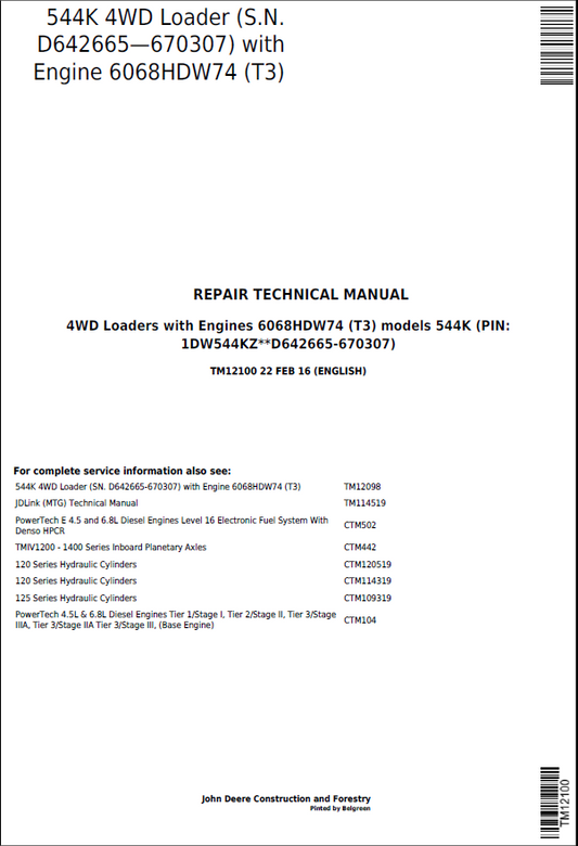 John Deere 544K 4WD Loader Repair Technical Manual TM12100 PDF