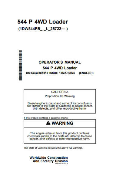 John Deere 544P 4WD Loader Operation Manual OMT495780X019