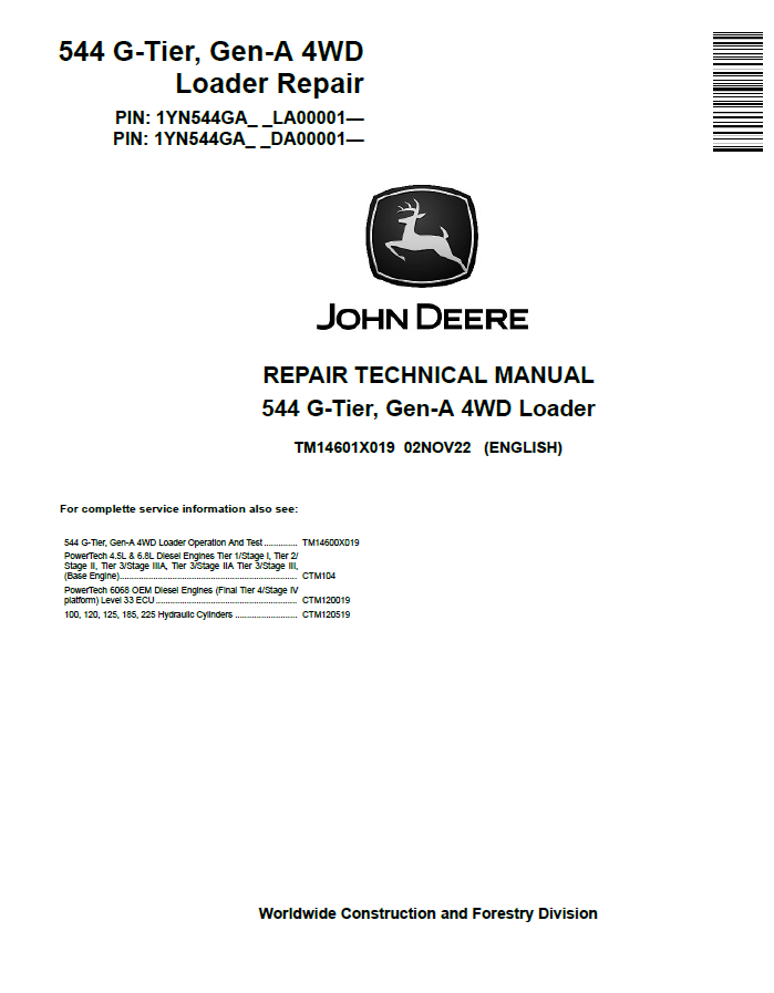 John  Deere 544 G-Tier, Gen-A 4WD Loader Repair Technical Manual TM14601X019 PDF