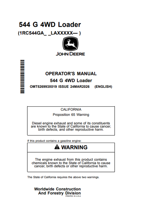 John Deere 544 G 4WD Loader Operator Manual PDF OMT526993X019
