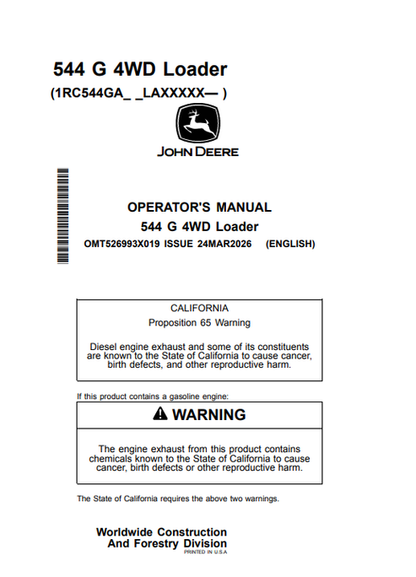 John Deere 544 G 4WD Loader Operator Manual PDF OMT526993X019