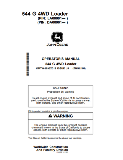 John Deere 544 G 4WD Loader Operator Manual PDF OMT468695X019