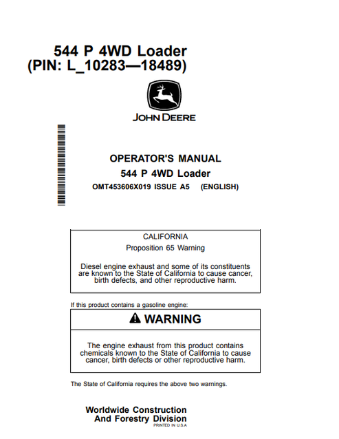 John Deere 544 P 4WD Loader Manual OMT453606X019