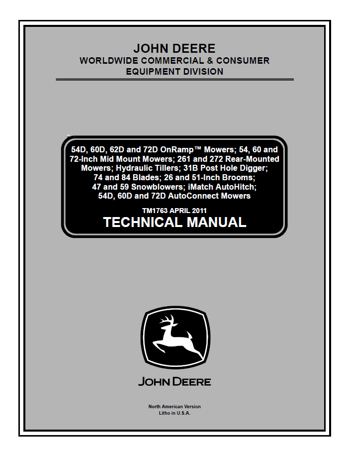 John Deere 54D, 60D, 62D and 72D worldwide commercial & consumer equipment division Technical Manual TM1763 PDF