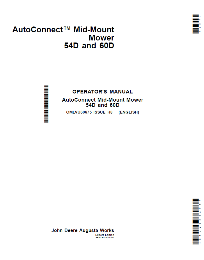 John Deere 54D and 60D AutoConnect Mid-Mount Mower Operator Manual OMLVU30675 PDF