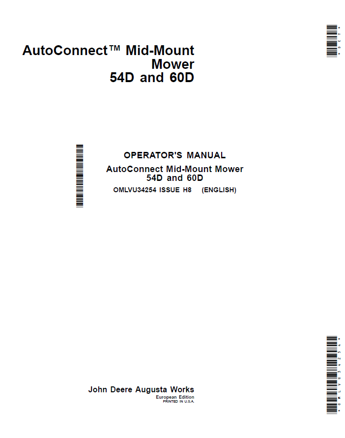 John Deere 54D and 60D AutoConnect Mid-Mount Mower Operator Manual OMLVU34254 PDF