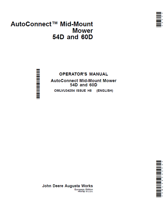 John Deere 54D and 60D AutoConnect Mid-Mount Mower Operator Manual OMLVU34254 PDF