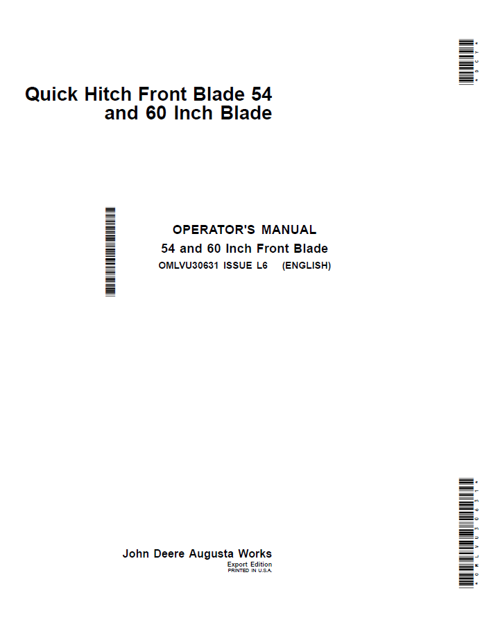 John Deere 54 and 60 Quick Hitch Front Blade Operator Manual OMLVU30631 PDF