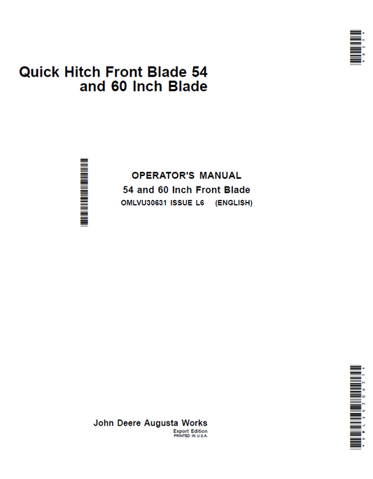 John Deere 54 and 60 Quick Hitch Front Blade Operator Manual OMLVU30631 PDF