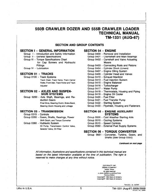 John Deere 550B Crawler Dozer And 555B Crawler Loader Technical Manual TM1331