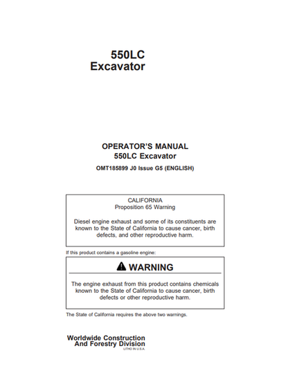 John Deere 550LC Excavator Operator Manual OMT185899