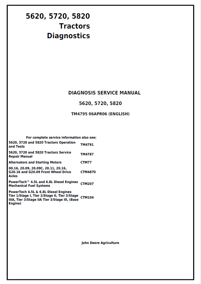 John Deere 5620, 5720, 5820 Tractor Diagnosis Service Manual TM4795