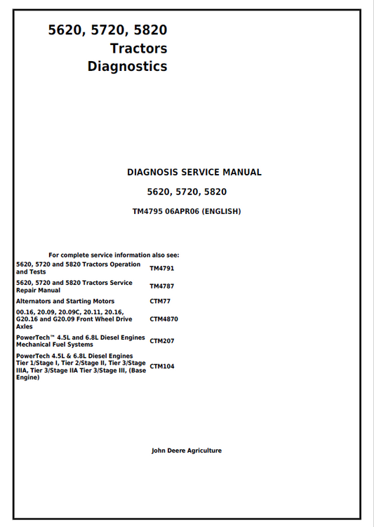 John Deere 5620, 5720, 5820 Tractor Diagnosis Service Manual TM4795