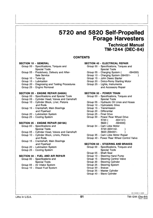John Deere 5720 & 5820 Forage Harvester Technical Service Manual