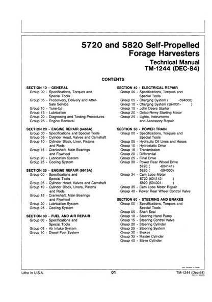 John Deere 5720 & 5820 Forage Harvester Technical Service Manual