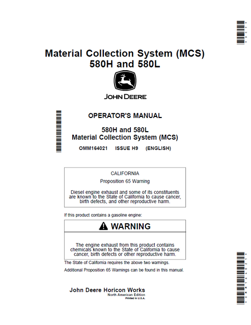 John Deere 580H 580L Material Collection System MCS Operator Manual OMM164021