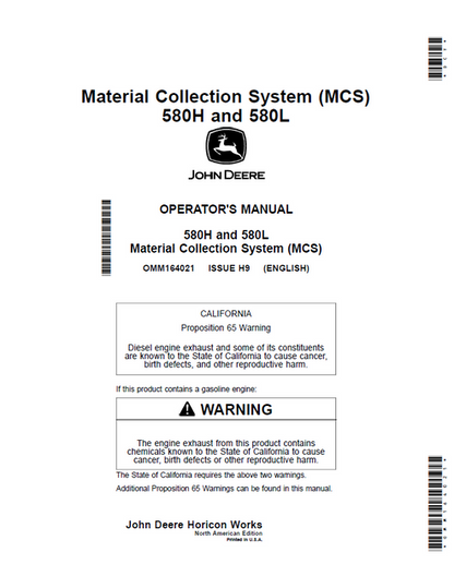John Deere 580H 580L Material Collection System MCS Operator Manual OMM164021