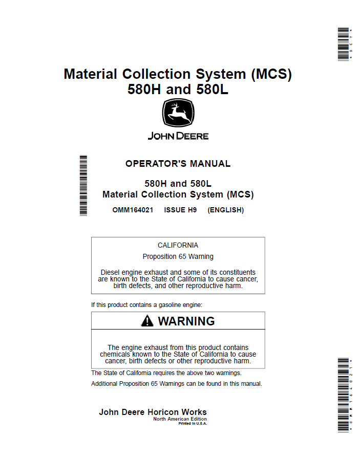 John Deere 580H and 580L Material Collection System Operator Manual OMM164021 PDF