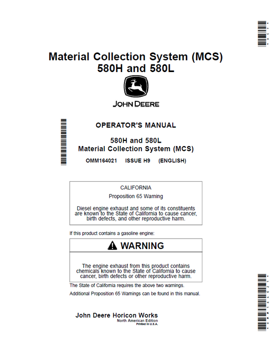 John Deere 580H and 580L Material Collection System Operator Manual OMM164021 PDF