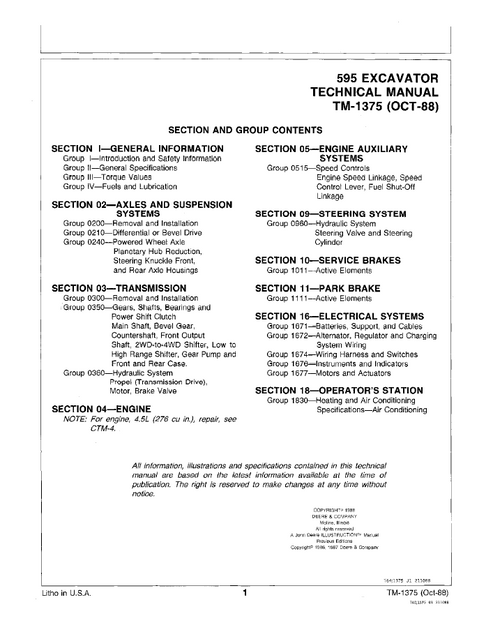 John Deere 595 Excavator Repair & Workshop Manual TM1375