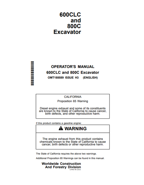 John Deere 600CLC And 800C Excavator Operator Manual OMT188589