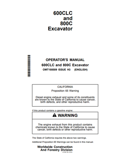 John Deere 600CLC And 800C Excavator Operator Manual OMT188589