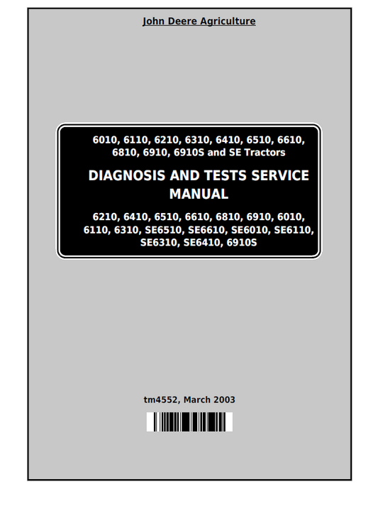 John  Deere 6010, 6110, 6210, 6310, 6410, 6510, 6610,6810, 6910, 6910S and SE Tractors Diagnosis and Test Service Manual tm4552 PDF