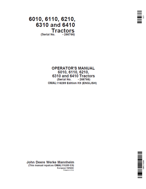 John Deere 6010 6110 6210 6310 6410 Tractor Operator Manual