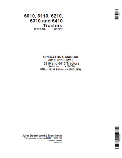 John Deere 6010 6110 6210 6310 6410 Tractor Operator Manual