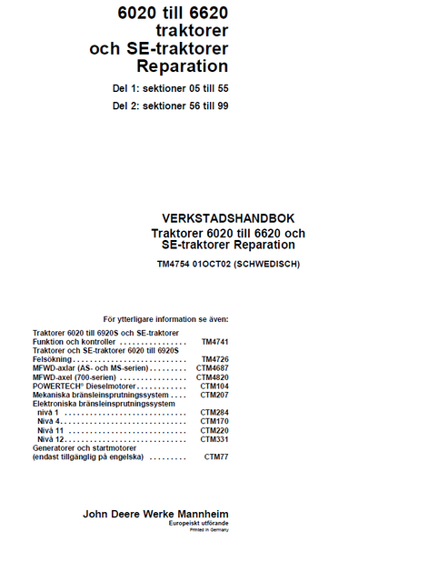 John Deere 6020-6620 Tractor Workshop Technical Manual TM4754