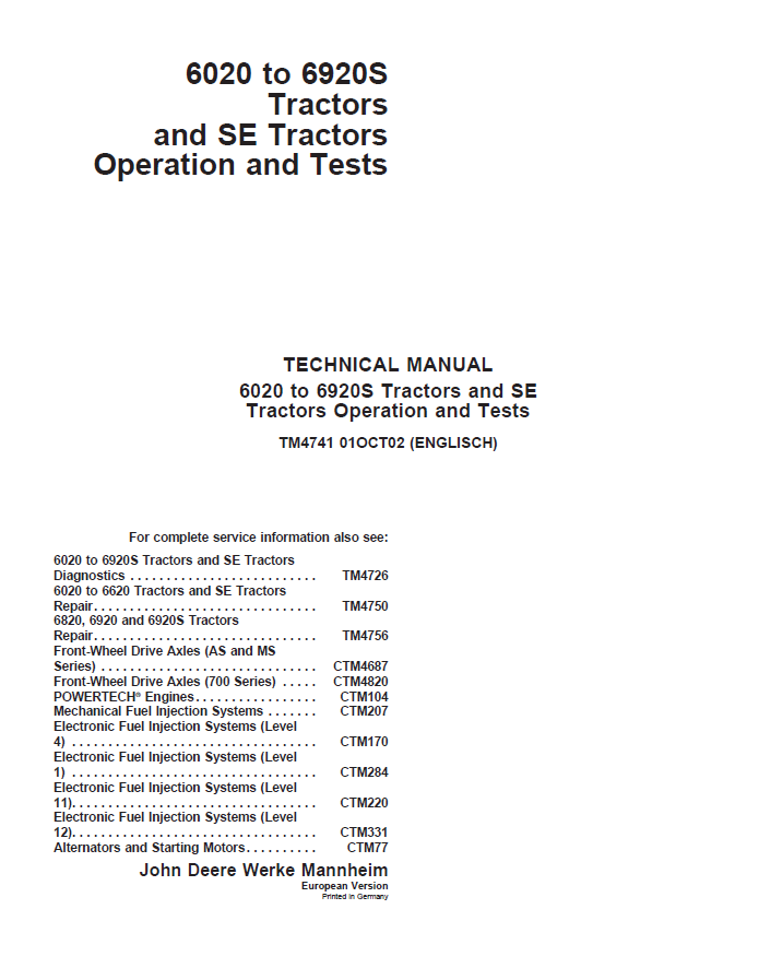 John Deere 6020 to 6920S Tractors and SE Tractors Operation and Test Technical Manual TM4741 PDF