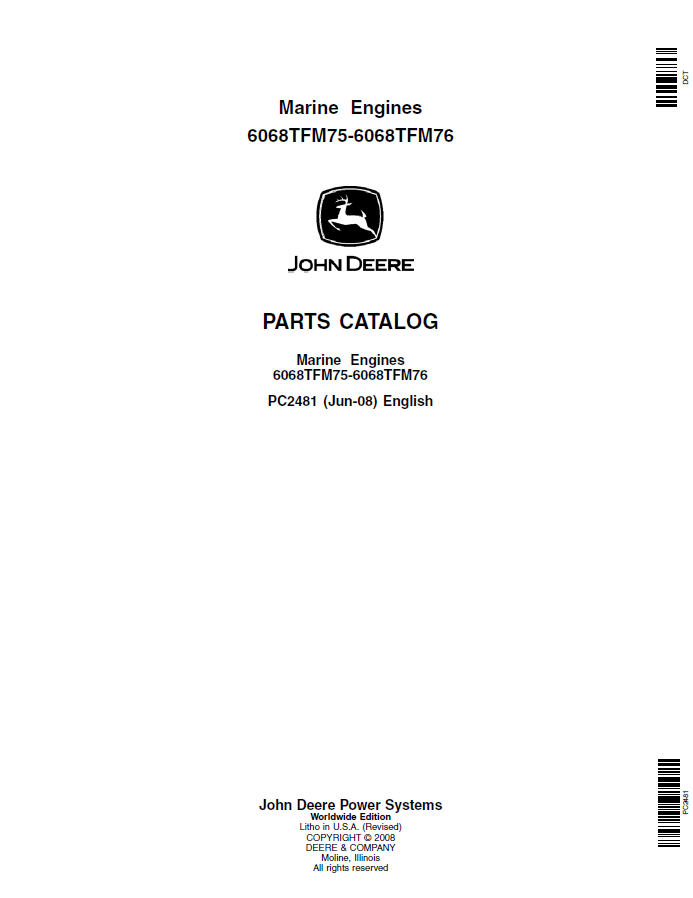 John Deere 6068TFM75, 6068TFM76 Marine Engines Parts Catalog Manual PC2481 PDF