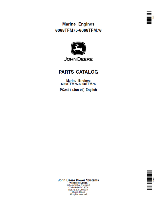John Deere 6068TFM75, 6068TFM76 Marine Engines Parts Catalog Manual PC2481 PDF