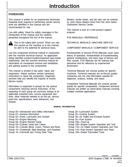 John Deere 6076 Diesel Engine Service & Component Manual CTM6