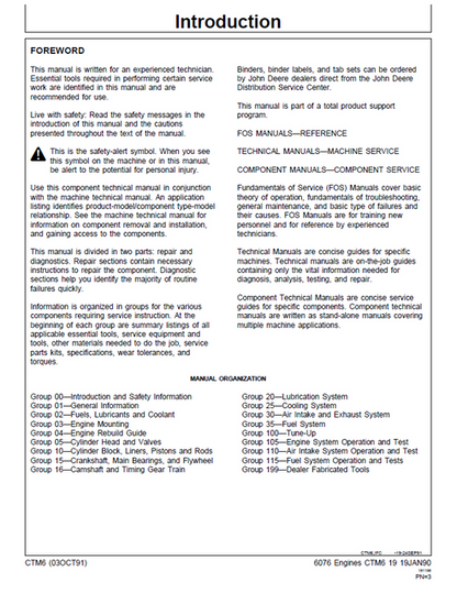 John Deere 6076 Diesel Engine Service & Component Manual CTM6