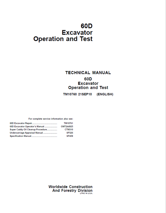 John Deere 60D Excavator Technical Manual TM10760 PDF